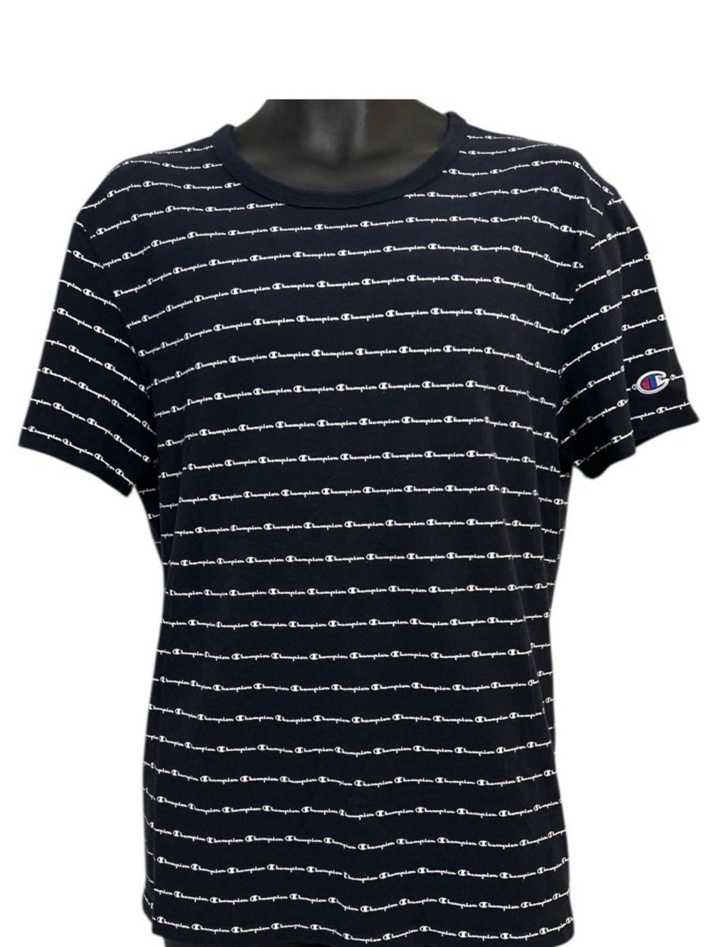 Champion Size L Short-Sleeve Logo-Stripe Crew Tee 100% Cotton